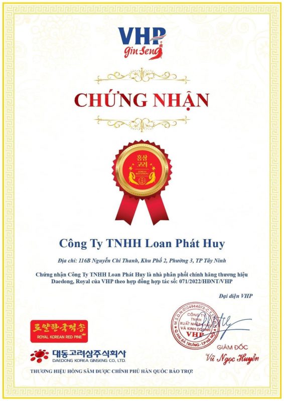 Công ty TNHH Loan Phát Huy - Thương hiệu Yến sào Yến Loan đã chính thức trở thành Đại lý cho nhãn hàng “Sâm Daedong Hàn Quốc“